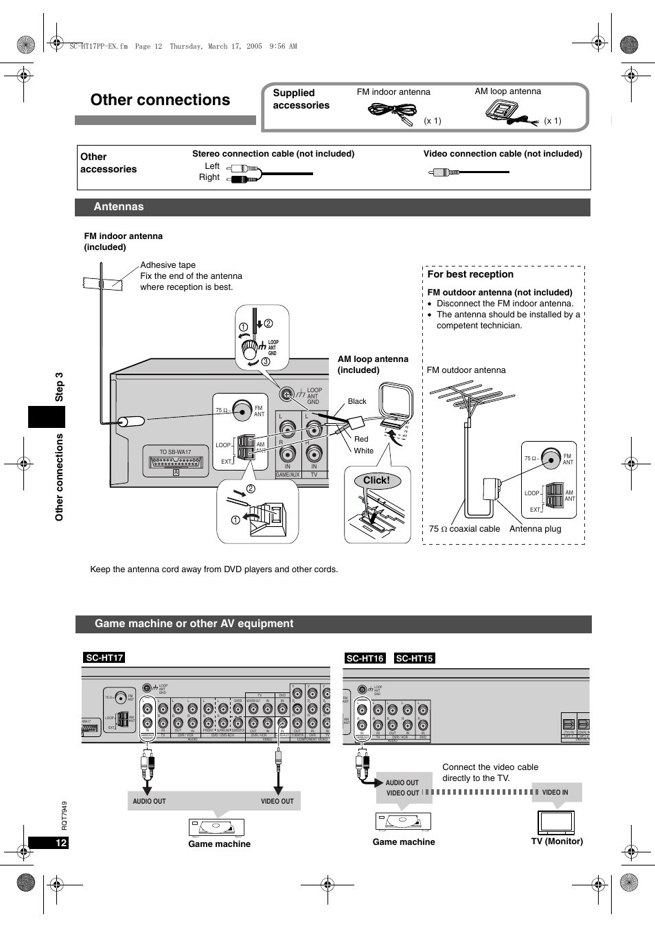 Other connections, Antennas, Game machine or other av equipment | Other connections step 3, For best reception, Click, Supplied accessories, Other accessories, Antenna plug, X 1) | Panasonic SC-HT15 User Manual | Page 12 / 28