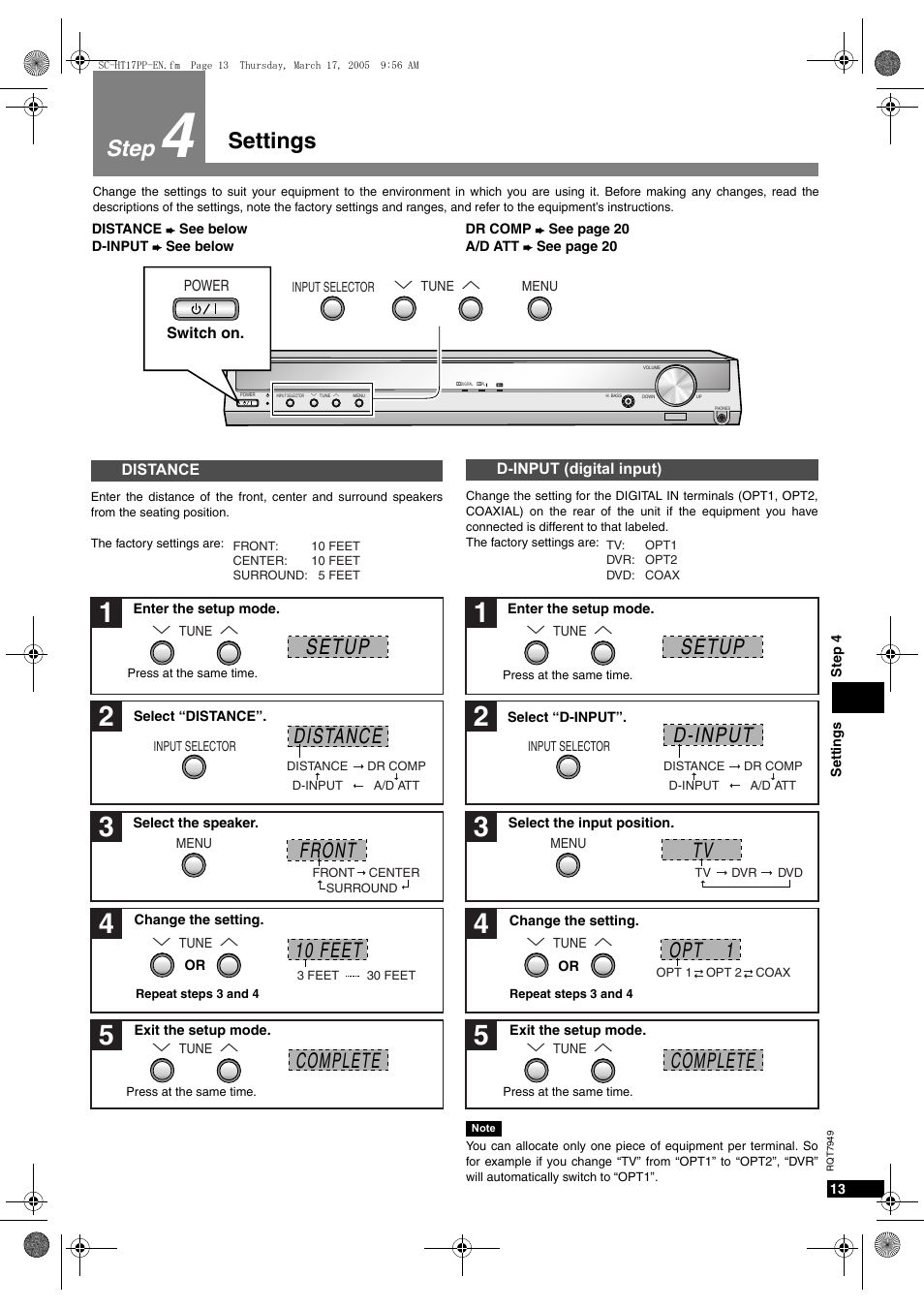 Step 4 settings, Settings, Step | Front complete 10 feet, D-input setup distance complete setup, Opt 1 | Panasonic SC-HT15 User Manual | Page 13 / 28