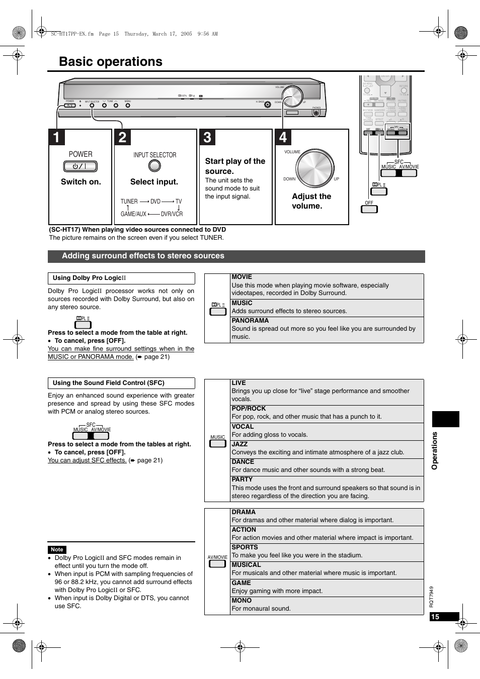 Operations, Basic operations, Adding surround effects to stereo sources | Power, Switch on. select input. start play of the source, Adjust the volume, Op eratio ns 15, Input selector | Panasonic SC-HT15 User Manual | Page 15 / 28