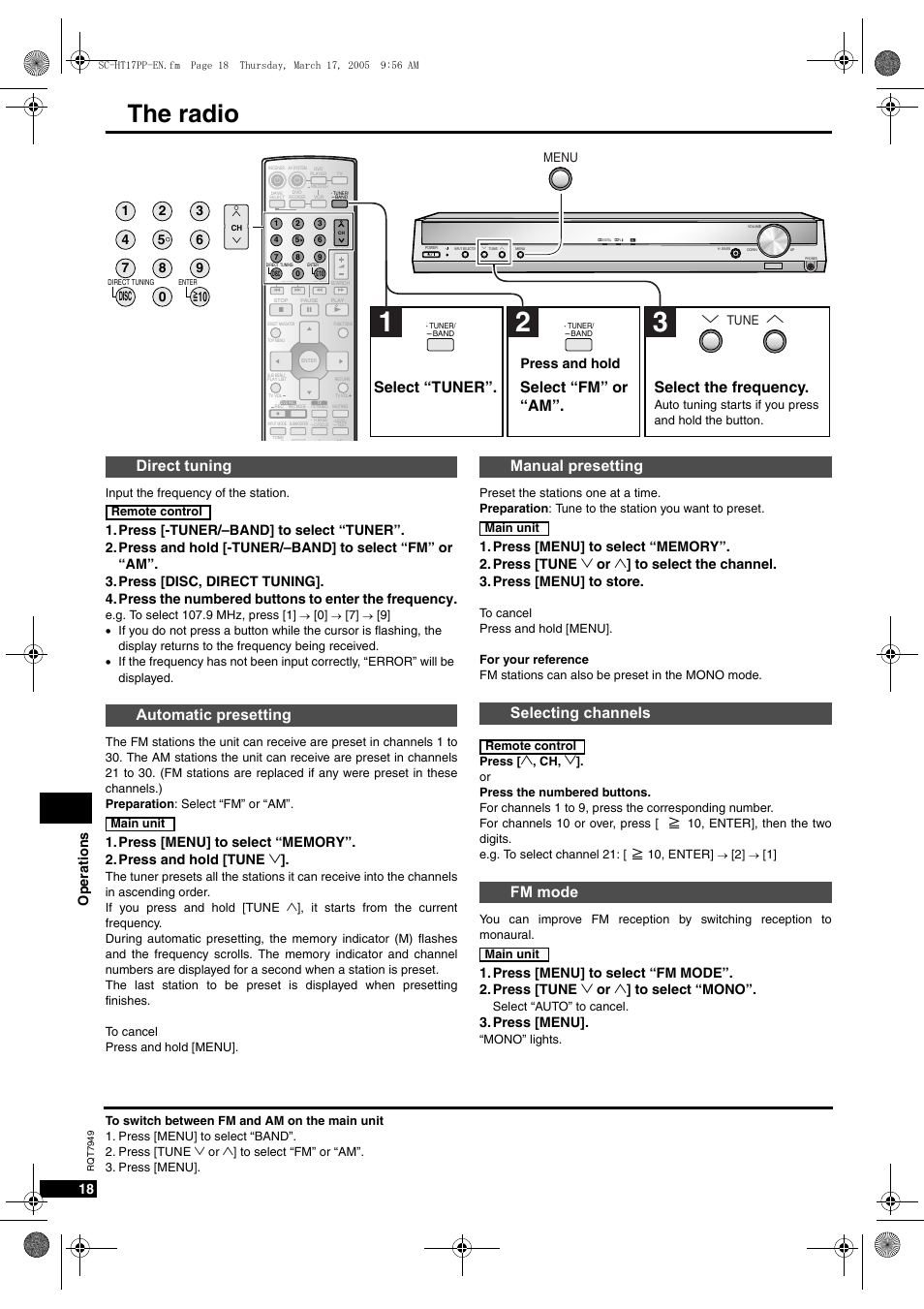 The radio, Direct tuning automatic presetting, Manual presetting selecting channels fm mode | Select “fm” or “am”. select the frequency, Select “tuner, Op eratio ns 18, Press [menu, Press and hold, Disc, Tune menu | Panasonic SC-HT15 User Manual | Page 18 / 28