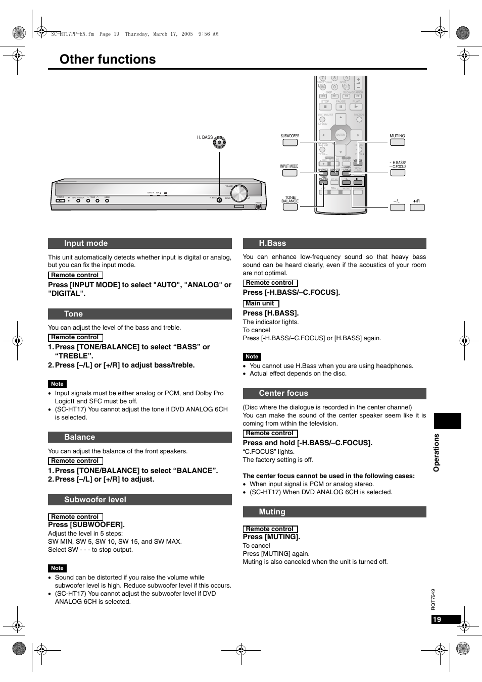 Other functions, Input mode tone balance subwoofer level, H.bass center focus muting | Op eratio ns 19, Press [subwoofer, Press [-h.bass/–c.focus]. press [h.bass, Press and hold [-h.bass/–c.focus, Press [muting | Panasonic SC-HT15 User Manual | Page 19 / 28