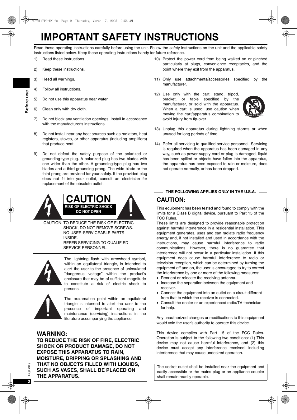 Before use, Important safety instructions, Caution | Warning | Panasonic SC-HT15 User Manual | Page 2 / 28