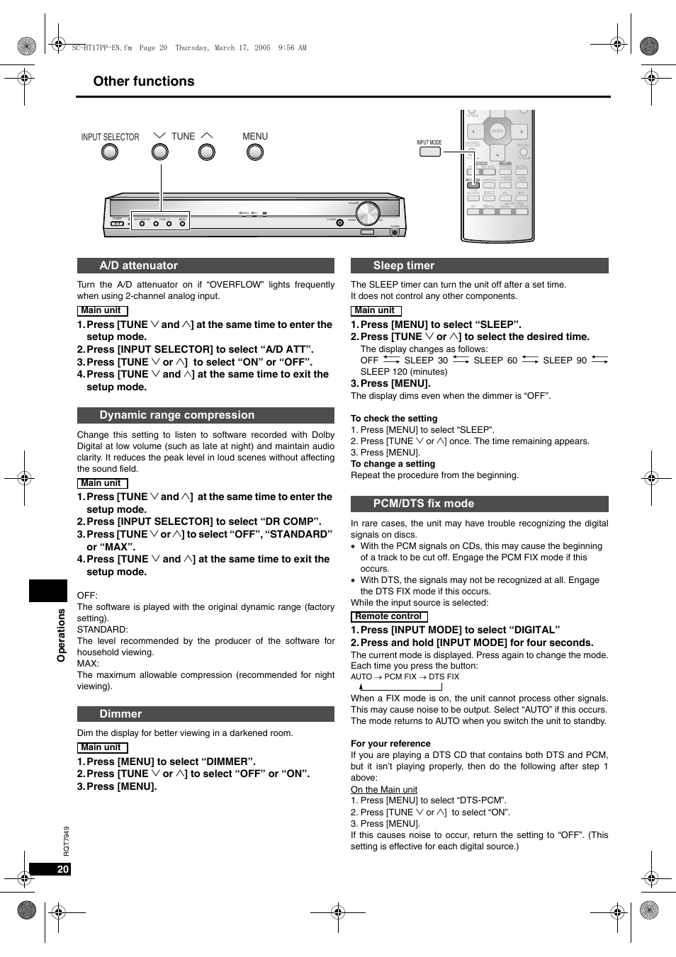 Other functions, A/d attenuator dynamic range compression dimmer, Sleep timer pcm/dts fix mode | Op eratio ns 20, At the same time to exit the setup mode, Press [menu, Input selector, Tune menu | Panasonic SC-HT15 User Manual | Page 20 / 28