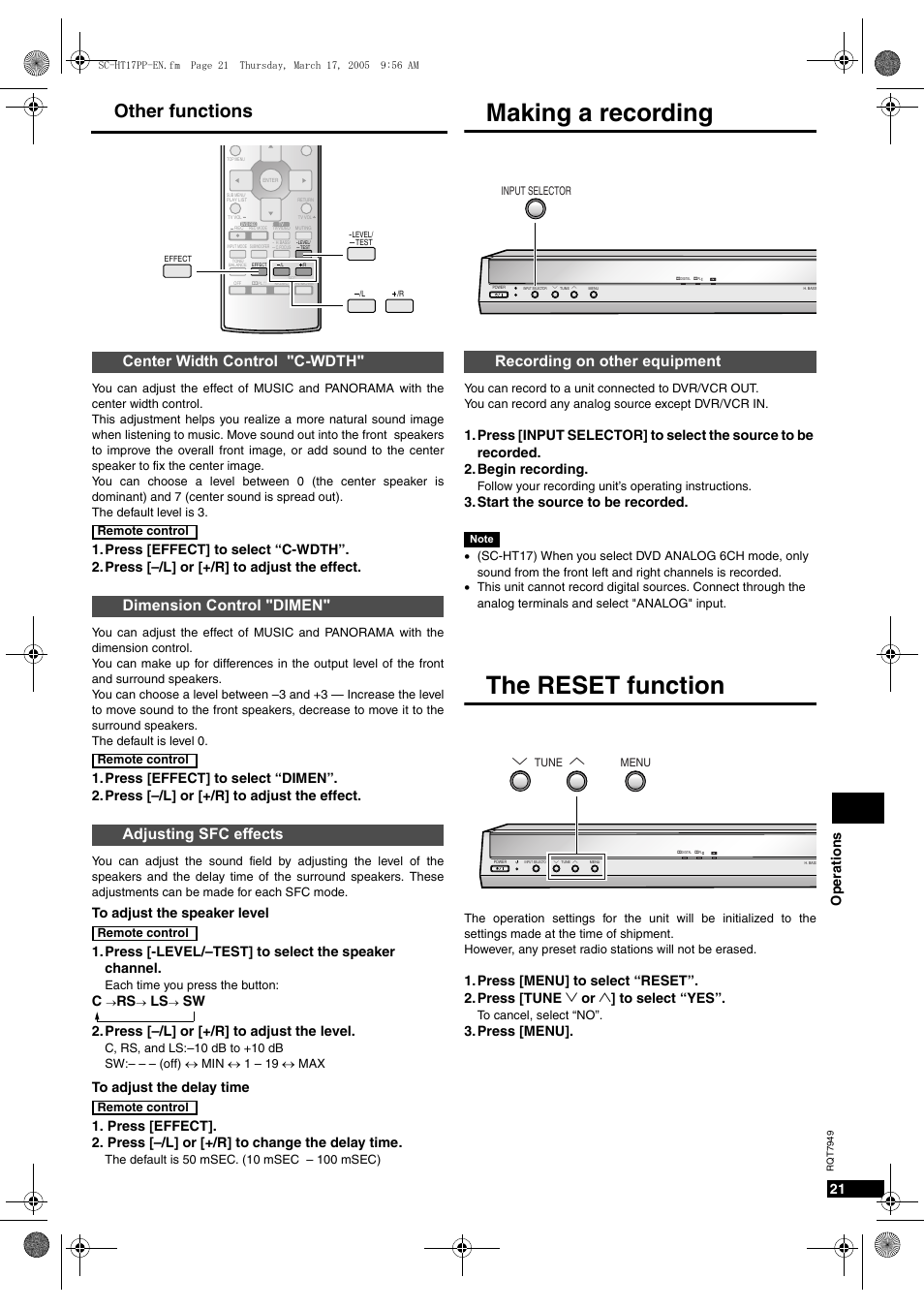 Making a recording, The reset function, Other functions | Recording on other equipment, Op eratio ns 21, Start the source to be recorded, Sw 2.press [–/l] or [+/r] to adjust the level, Press [menu | Panasonic SC-HT15 User Manual | Page 21 / 28