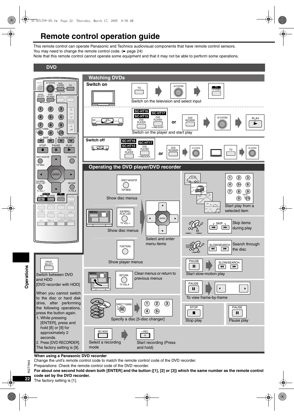 Remote control operation guide, Watching dvds, Operating the dvd player/dvd recorder | Op eratio ns 22, Switch on, Disc | Panasonic SC-HT15 User Manual | Page 22 / 28