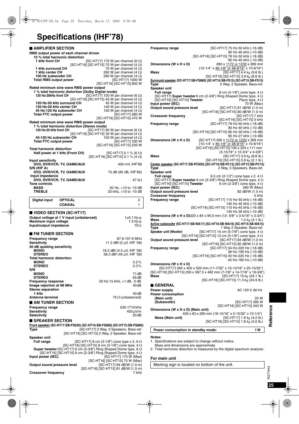 Reference, Specifications, Specifications (ihf’78) | Panasonic SC-HT15 User Manual | Page 25 / 28