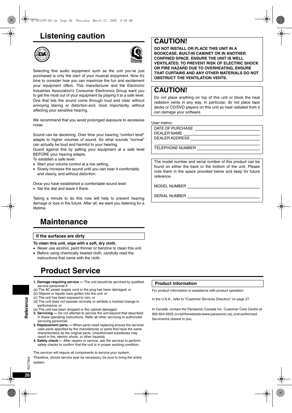 Listening caution, Maintenance, Product service | Caution | Panasonic SC-HT15 User Manual | Page 26 / 28