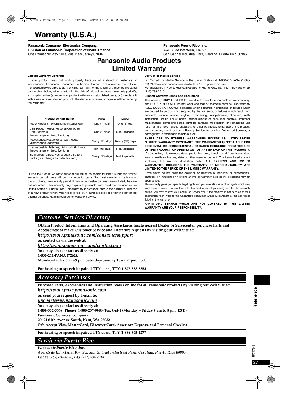 Warranty (u.s.a.), Panasonic audio products limited warranty, Accessory purchases | Customer services directory, Service in puerto rico | Panasonic SC-HT15 User Manual | Page 27 / 28