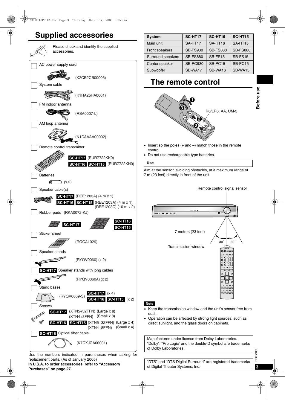 Supplied accessories, The remote control | Panasonic SC-HT15 User Manual | Page 3 / 28