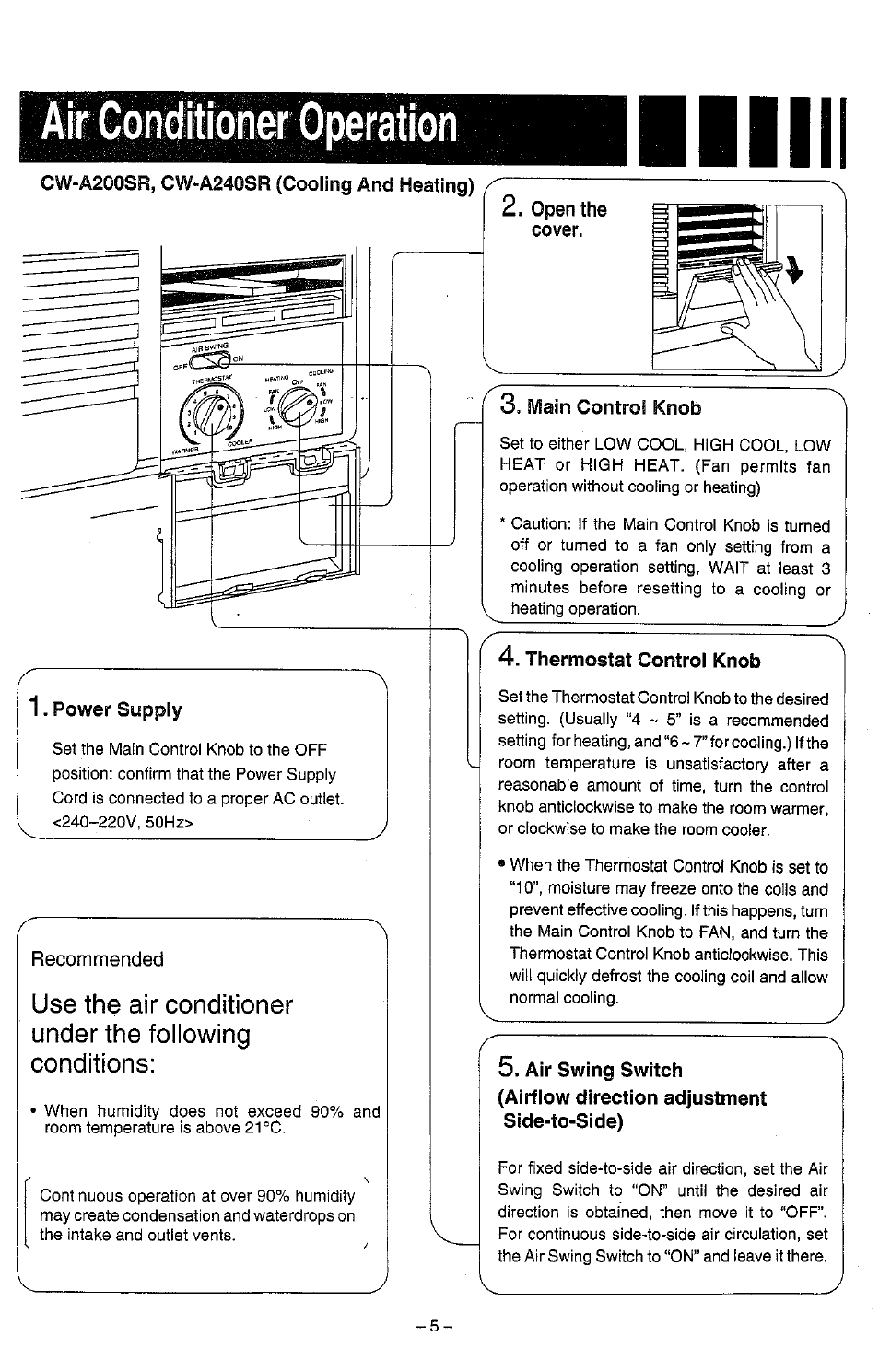 Power supply, Main control knob, Thermostat control knob | Panasonic CW-C240SR User Manual | Page 6 / 14