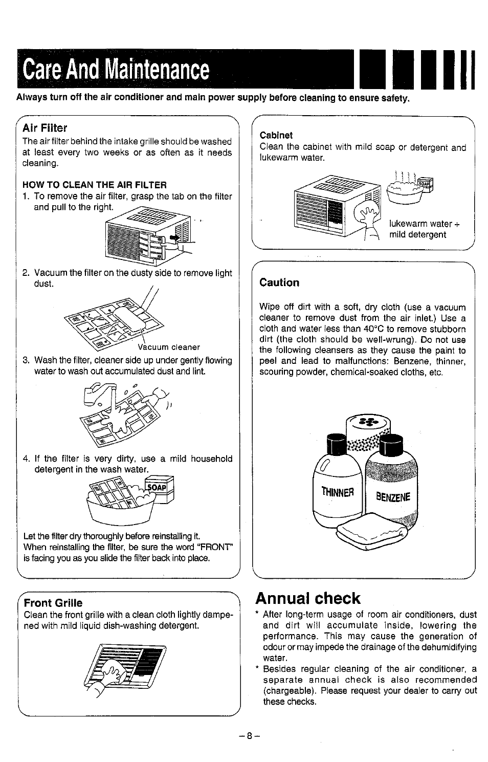 How to clean the asr filter, Cabinet, Annual check | Panasonic CW-C240SR User Manual | Page 9 / 14