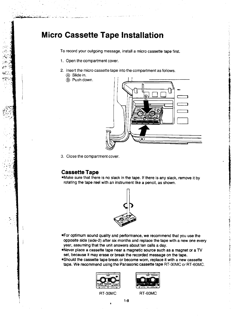 Cassette tape, Micro cassette tape installation | Panasonic KX-F50BA User Manual | Page 15 / 75