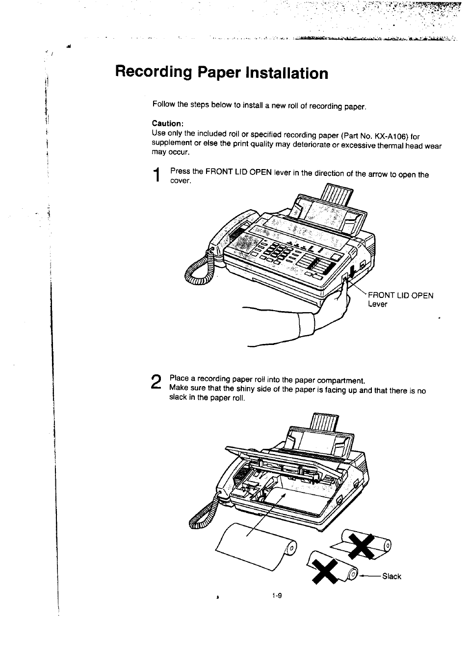 Recording paper installation | Panasonic KX-F50BA User Manual | Page 16 / 75