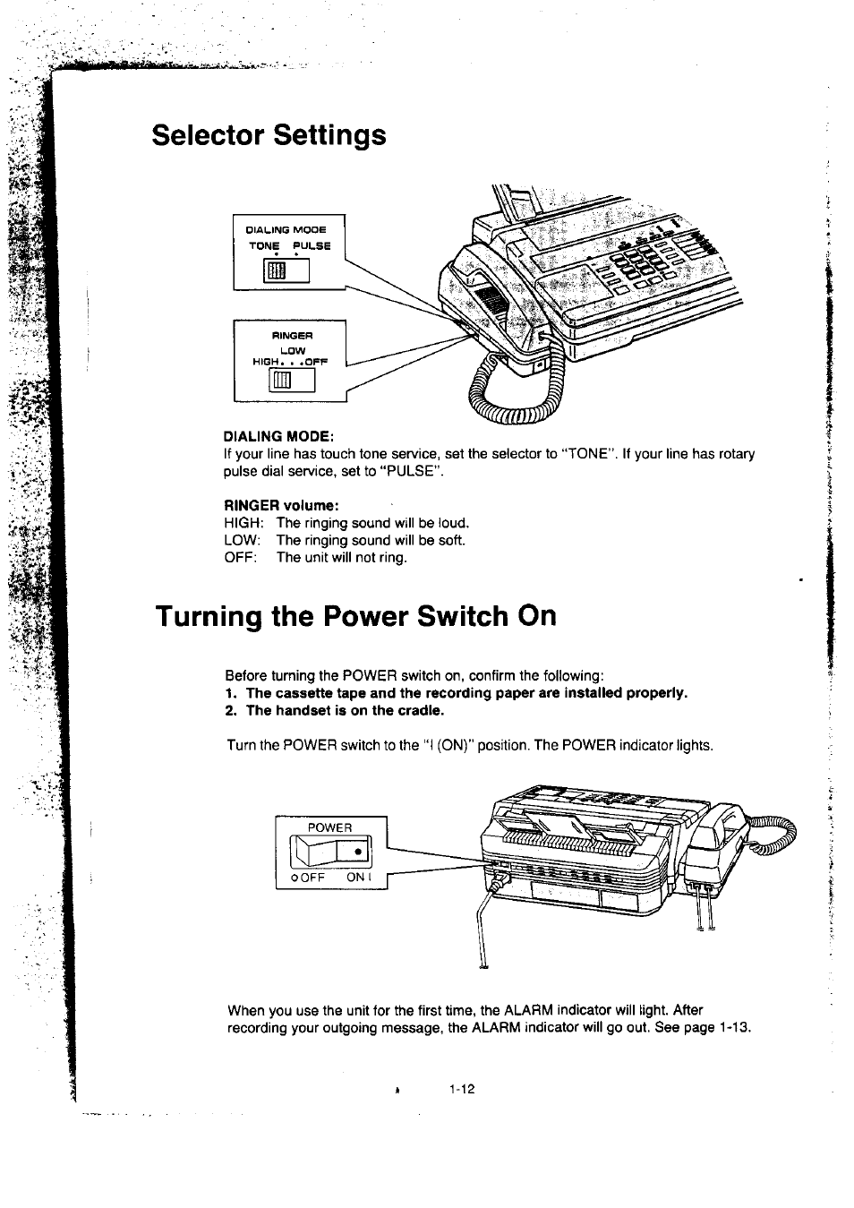 Selector settings, Turning the power switch on, Selector settings -12 | Turning the power switch on -12 | Panasonic KX-F50BA User Manual | Page 19 / 75
