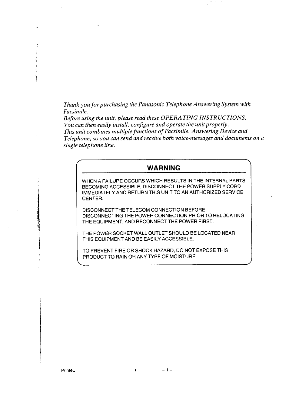 Warning | Panasonic KX-F50BA User Manual | Page 2 / 75