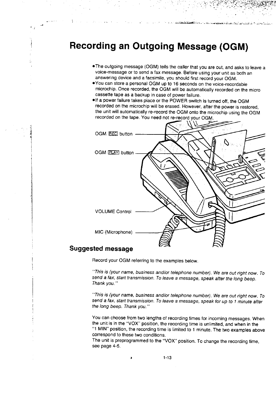 Recording an outgoing message (ogm), Recording an outgoing message (ogm) -13, Suggested message | Panasonic KX-F50BA User Manual | Page 20 / 75