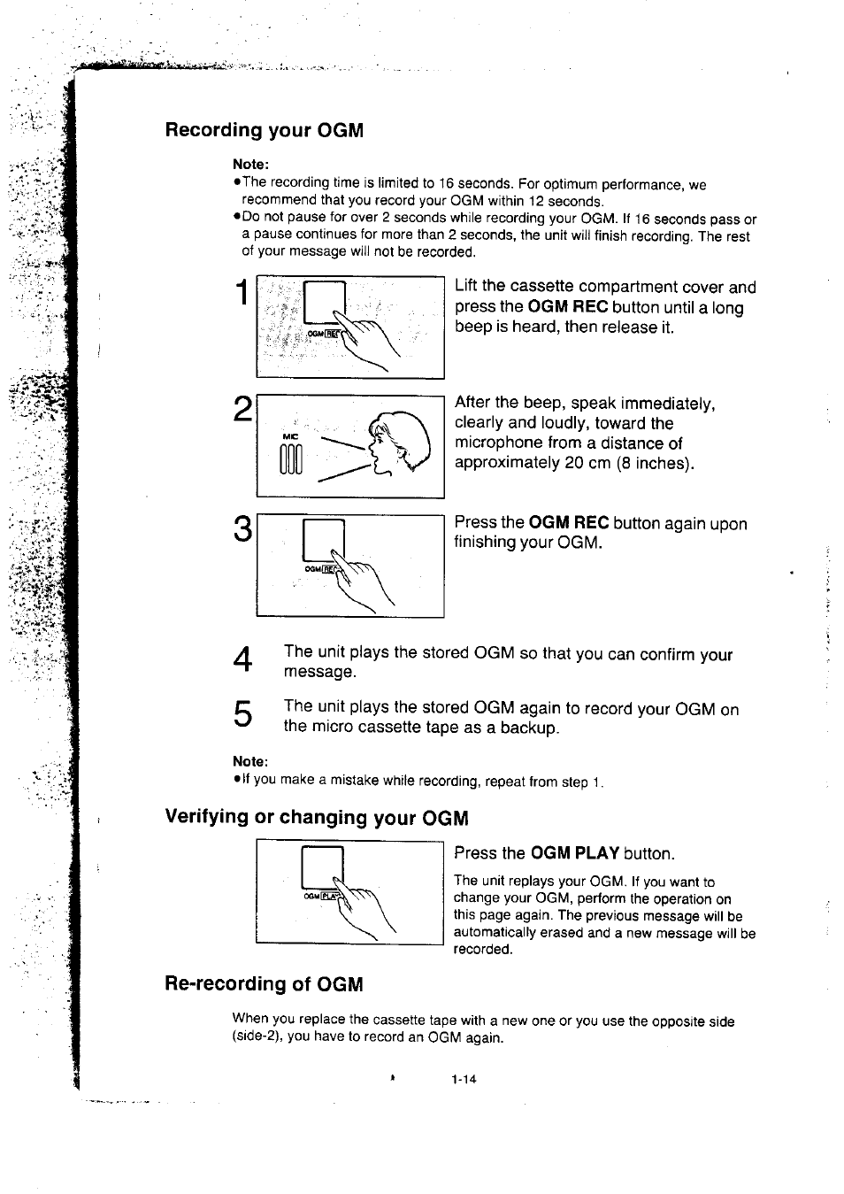 Verifying or changing your ogm, Re-recording of ogm, Recording your ogm -14 | Verifying or changing your ogm -14, Recording your ogm | Panasonic KX-F50BA User Manual | Page 21 / 75