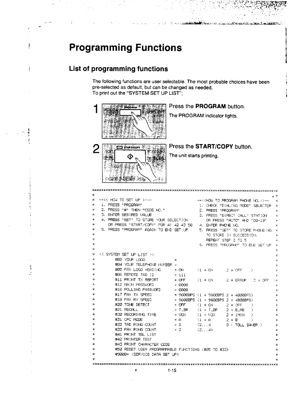 Programming functions, List of programming functions, Press the program button | Press the start/copy button, Programming functions -15, List of programming functions -15, Press the, Button, Program, Start/copy | Panasonic KX-F50BA User Manual | Page 22 / 75