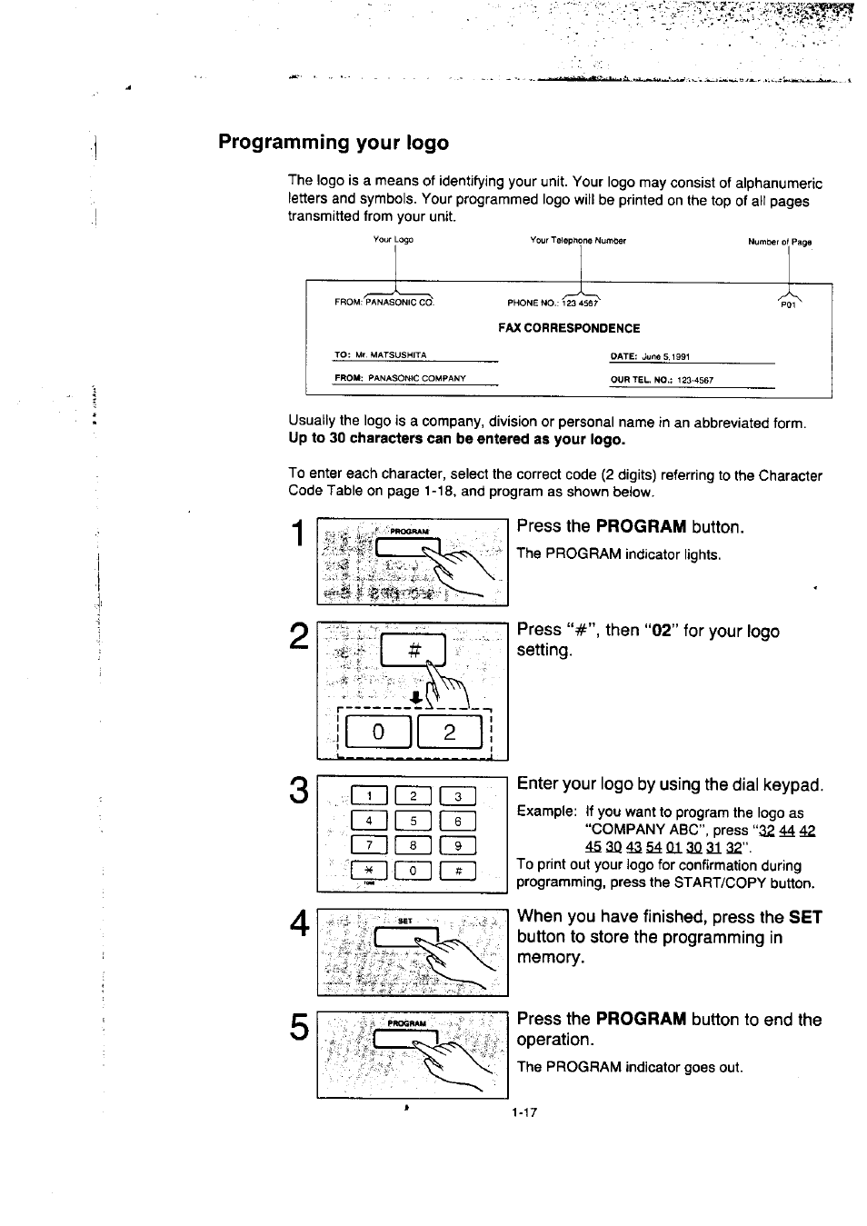 Enter your logo by using the dial keypad, Press the program button to end the operation, Programming your logo | When you have finished, press the, Button to end the operation | Panasonic KX-F50BA User Manual | Page 24 / 75