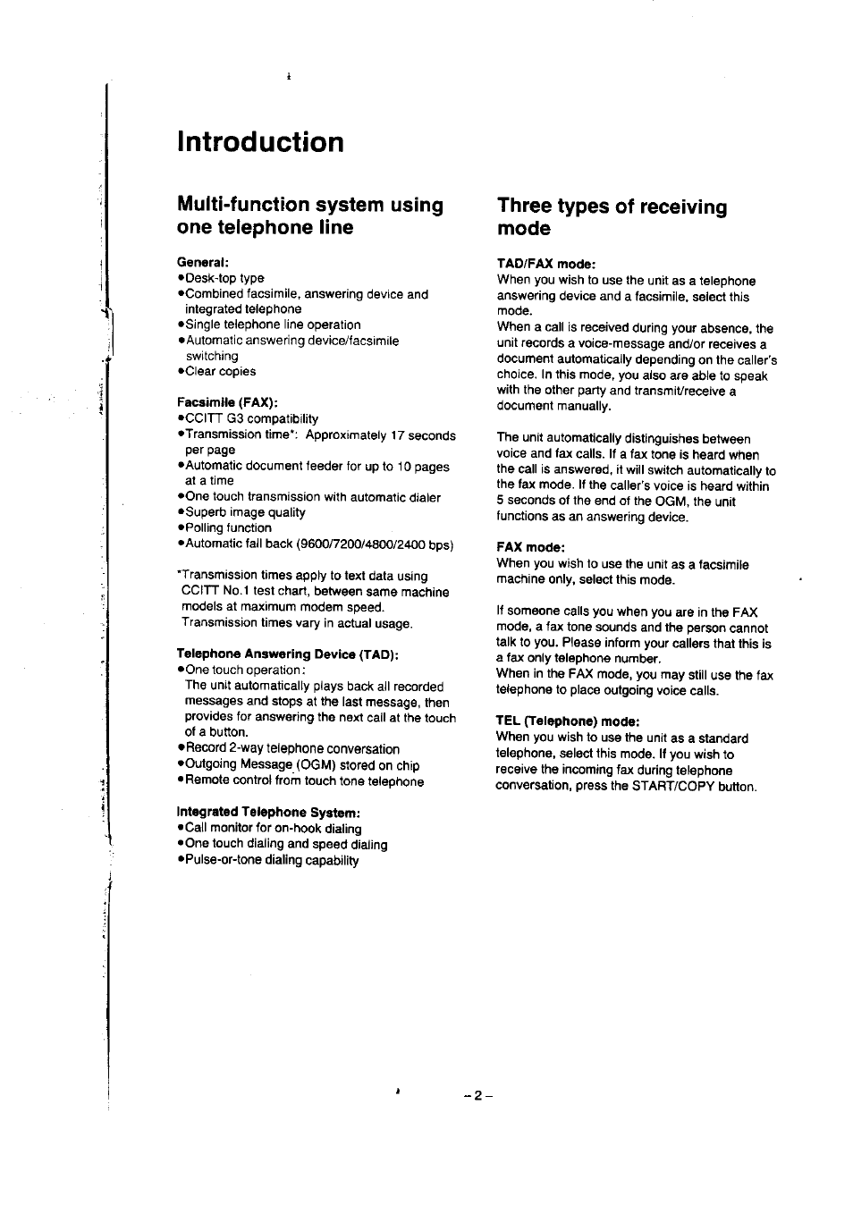 Introduction, Multi-function system using one telephone line, General | Facsimile (fax), Telephone answering device (tad), Integrated telephone system, Three types of receiving mode, Tad/fax mode, Fax mode, Tel (telephone) mode | Panasonic KX-F50BA User Manual | Page 3 / 75