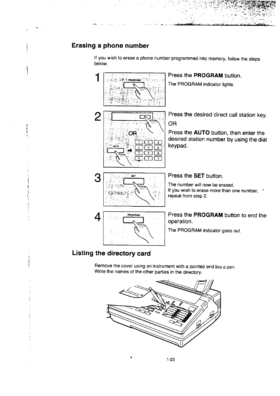 Press the program button, Press the desired direct call station key. or, Press the set button | Press the program button to end the operation, Listing the directory card, Listing the directory card -23, Erasing a phone number | Panasonic KX-F50BA User Manual | Page 30 / 75