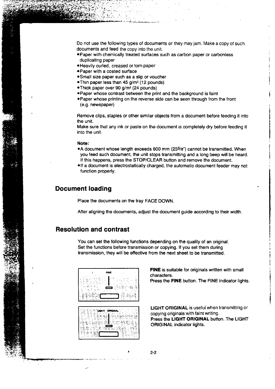 Document loading, Resolution and contrast, Document loading -2 resolution and contrast -2 | Panasonic KX-F50BA User Manual | Page 33 / 75