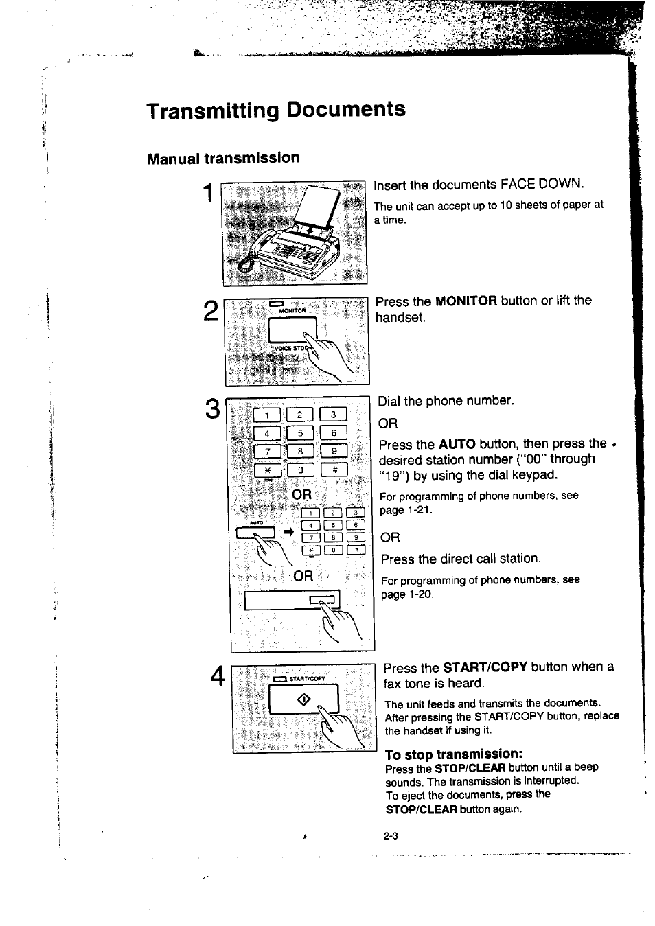 Transmitting documents, Insert the documents face down, Press the monitor button or lift the handset | Dial the phone number, Press the direct call station, To stop transmission, Transmitting documents -3, One touch transmission -4, Manual transmission, Or insert the documents face down | Panasonic KX-F50BA User Manual | Page 34 / 75