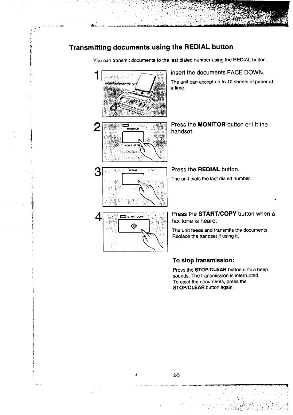 Transmitting documents using the redial button, Press the monitor button or lift the handset, Press the redial button | To stop transmission, Transmitting documents using the redial button -5 | Panasonic KX-F50BA User Manual | Page 36 / 75