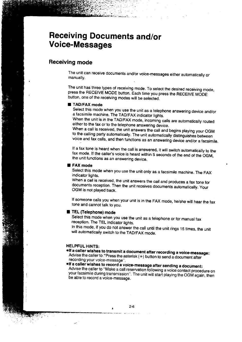 Receiving documents and/or voice-messages, Receiving mode, Receiving documents and/or voice-messages -6 | Receiving mode -6 | Panasonic KX-F50BA User Manual | Page 37 / 75