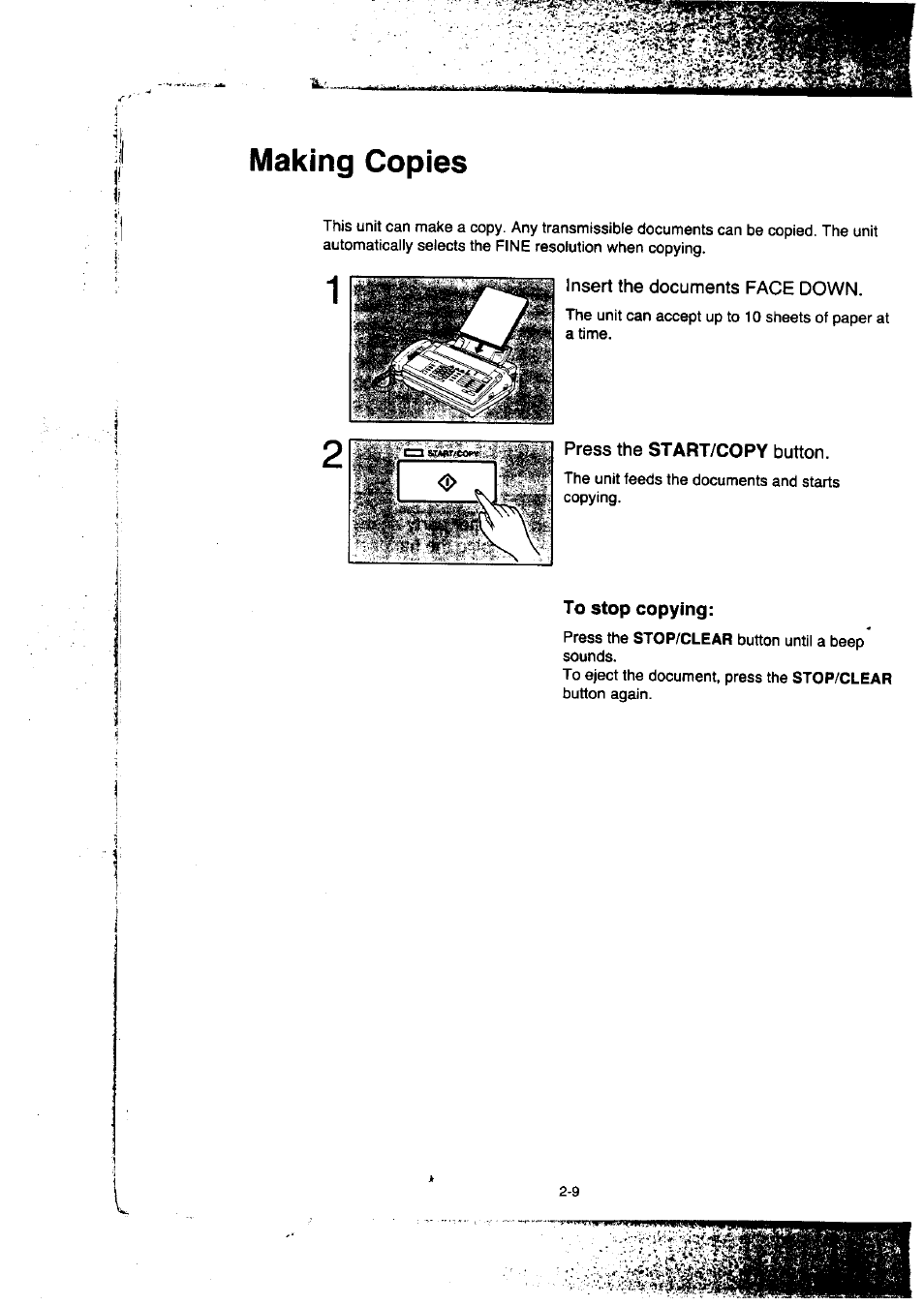 Making copies, Insert the documents face down, Press the start/copy button | To stop copying, Making copies -9 | Panasonic KX-F50BA User Manual | Page 40 / 75