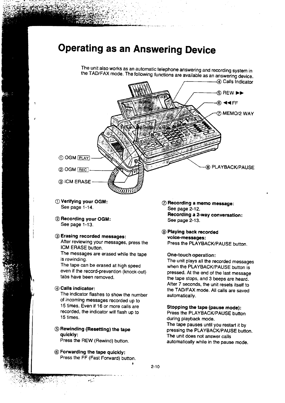 Operating as an answering device, Operating as an answering device -10 | Panasonic KX-F50BA User Manual | Page 41 / 75