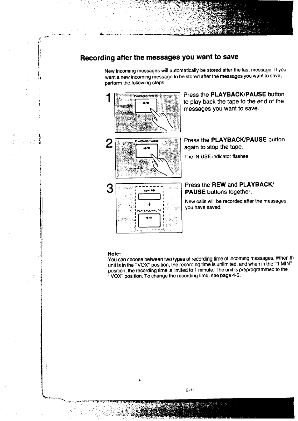 Recording after the messages you want to save, Press the rew and playback/ pause buttons together, Recording after the messages you want to save -11 | Panasonic KX-F50BA User Manual | Page 42 / 75