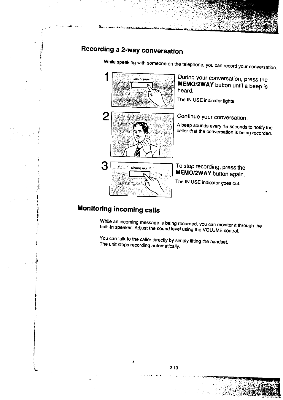 Recording a 2-way conversation, Continue your conversation, Monitoring incoming calls | Panasonic KX-F50BA User Manual | Page 44 / 75