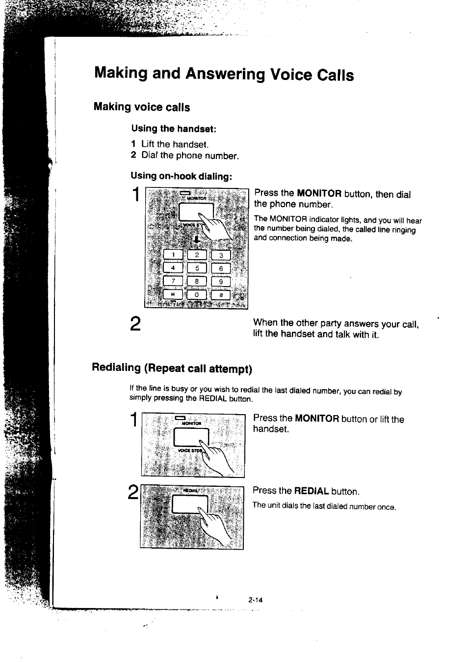 Making and answering voice calls, Making voice calls, Using the handset | Using on-hook diaiing, Redialing (repeat call attempt), Making and answering voice calls -14 | Panasonic KX-F50BA User Manual | Page 45 / 75