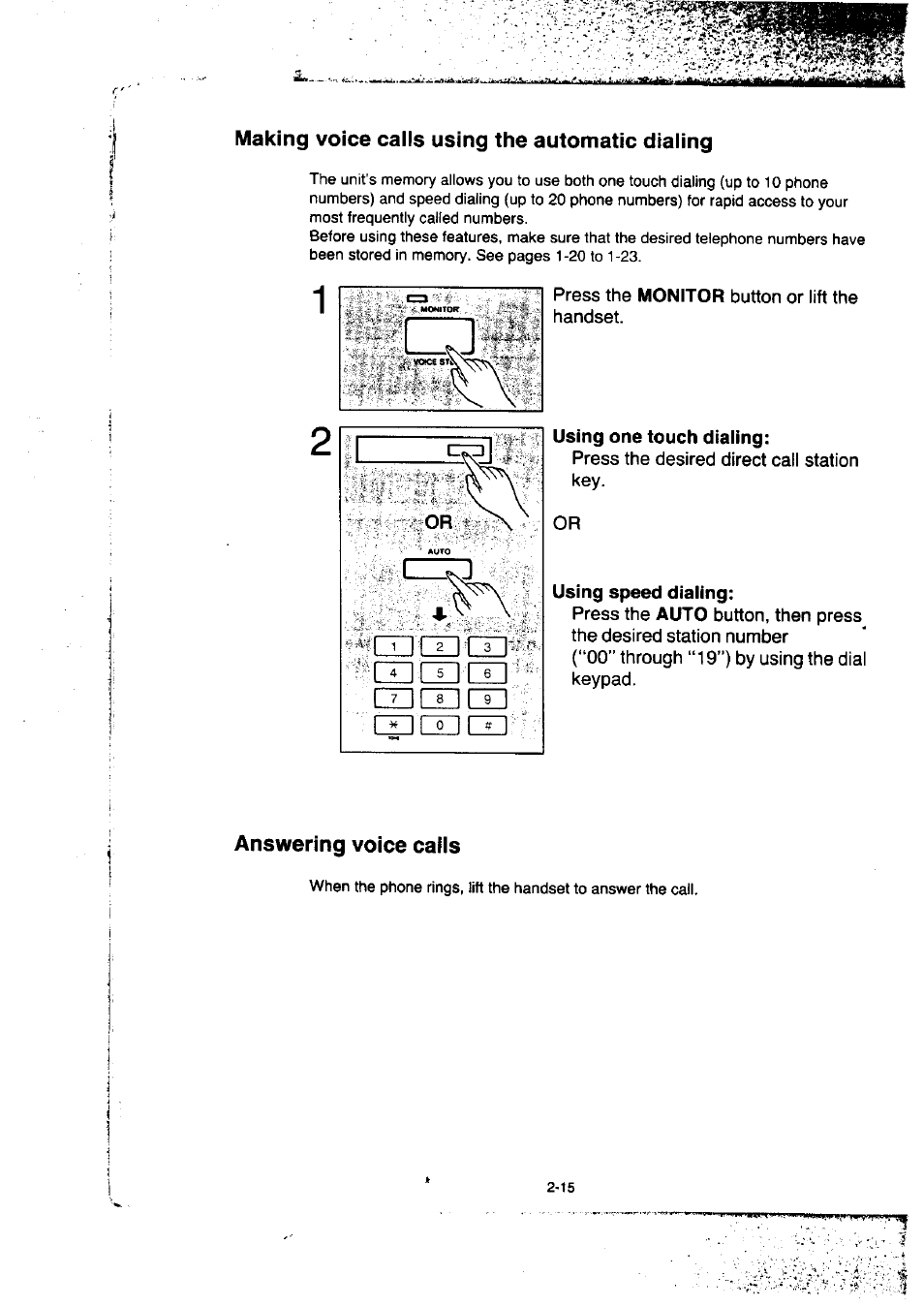 Making voice calls using the automatic dialing, Using one touch dialing, Using speed dialing | Answering voice calls, Making voice calls using the automatic dialing -15, Answering voice calls -15 | Panasonic KX-F50BA User Manual | Page 46 / 75