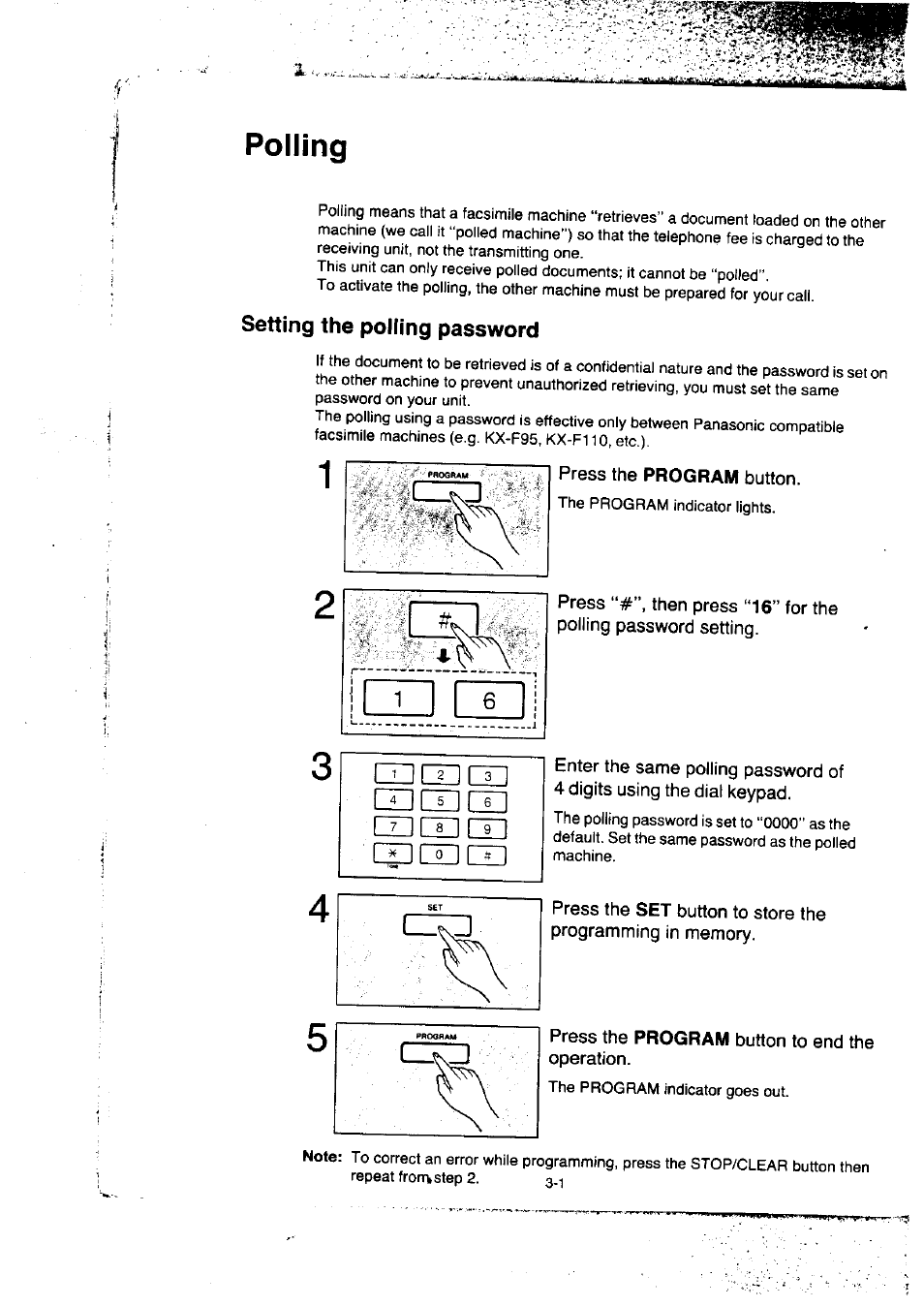 Polling, Setting the polling password, Press the program button | Press the program button to end the operation, Polling -1, Setting the polling password -1, Cd cm cd cd cd cd cd cd cd cdcdcd | Panasonic KX-F50BA User Manual | Page 48 / 75