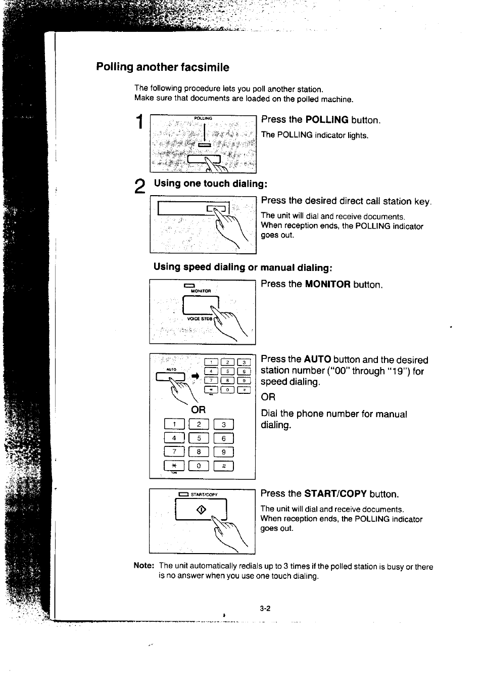 Press the desired direct cal! station key, Using speed dialing or manual dialing, Press the monitor button | Dial the phone number for manual dialing, Press the start/copy button | Panasonic KX-F50BA User Manual | Page 49 / 75