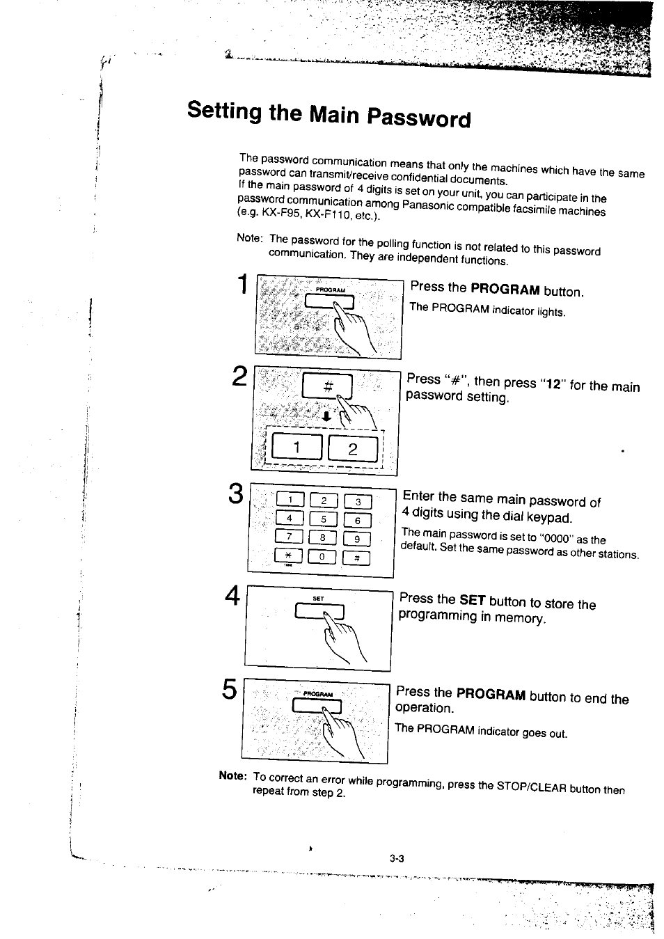 Setting the main password, Press the program button to end the operation, Setting the main password -3 | Panasonic KX-F50BA User Manual | Page 50 / 75