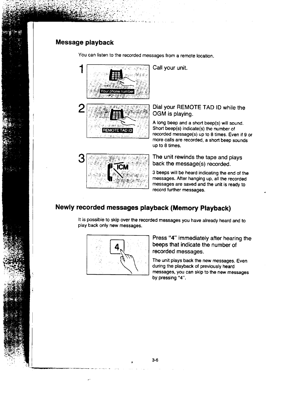 Message playback, Call your unit, Dial your remote tad id while the ogm is playing | Newly recorded messages playback (memory playback) | Panasonic KX-F50BA User Manual | Page 53 / 75