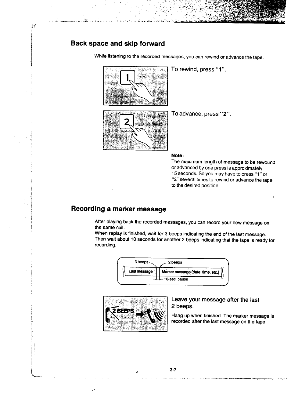 Back space and skip forward, To rewind, press “1, Recording a marker message | Leave your message after the last 2 beeps | Panasonic KX-F50BA User Manual | Page 54 / 75