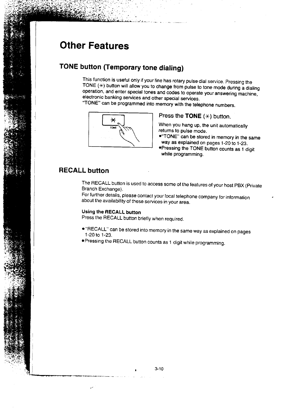 Other features, Tone button (temporary tone dialing), Press the tone (*) button | Other features -10, Tone button (temporary tone dialing) -10 | Panasonic KX-F50BA User Manual | Page 57 / 75