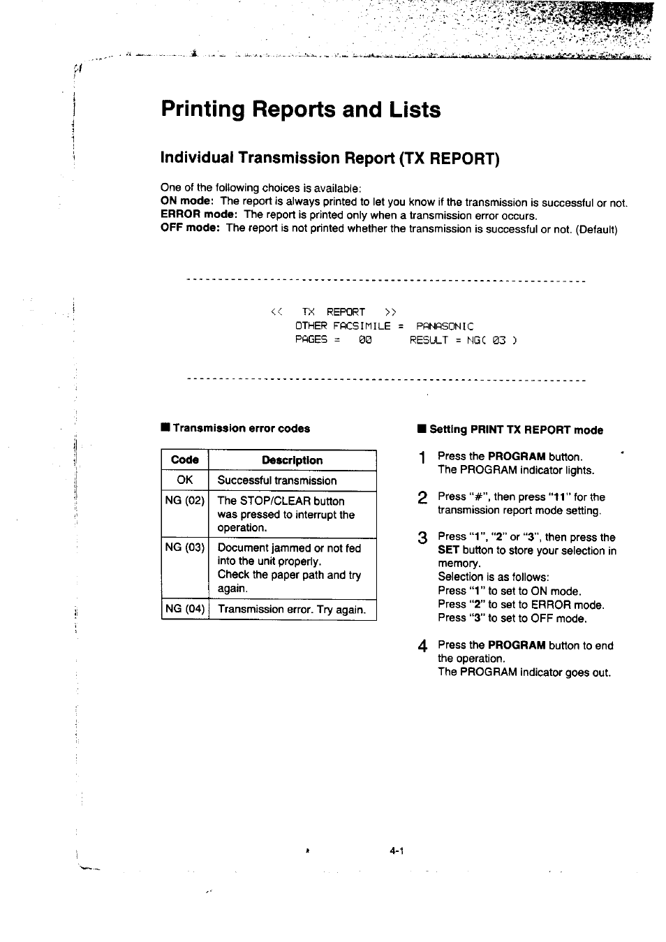 Printing reports and lists, Individual transmission report (tx report), Printing reports and lists -1 | Individual transmission report (tx report) -1 | Panasonic KX-F50BA User Manual | Page 60 / 75