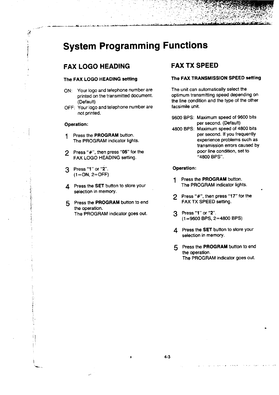 System programming functions, Fax logo heading, Fax tx speed | System programming functions -3, Fax logo heading -3 fax tx speed -3 | Panasonic KX-F50BA User Manual | Page 62 / 75