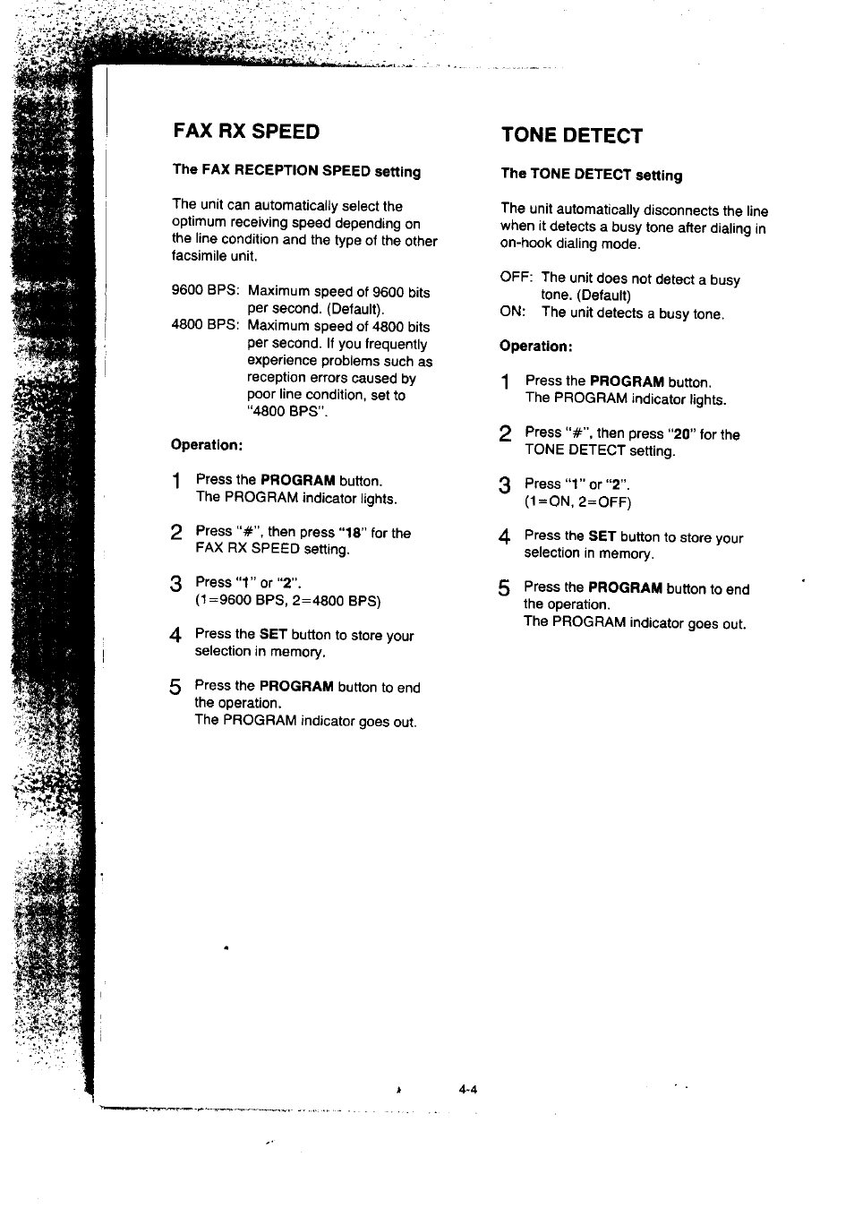 Fax rx speed, Tone detect, Fax rx speed -4 | Tone detect -4 | Panasonic KX-F50BA User Manual | Page 63 / 75