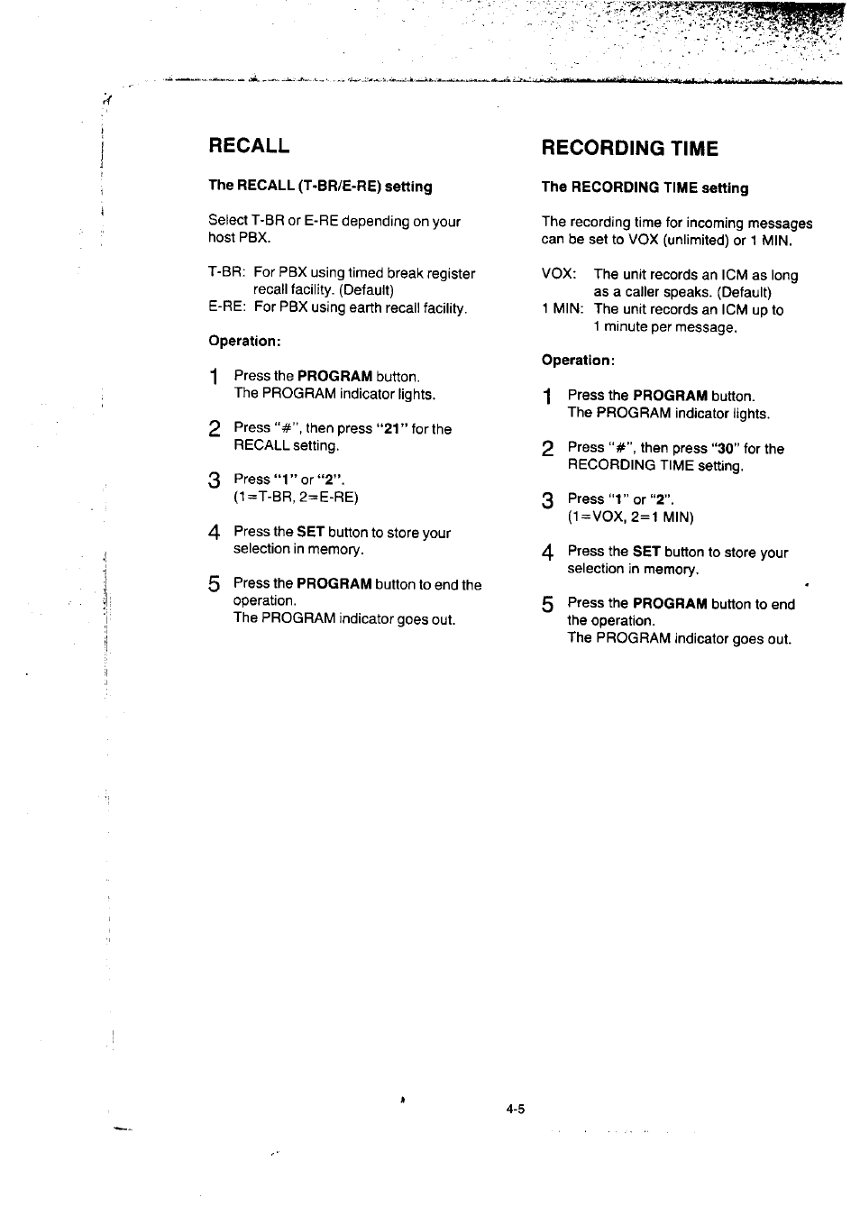 Recall, Recording time, Recall -5 recording time -5 | Panasonic KX-F50BA User Manual | Page 64 / 75