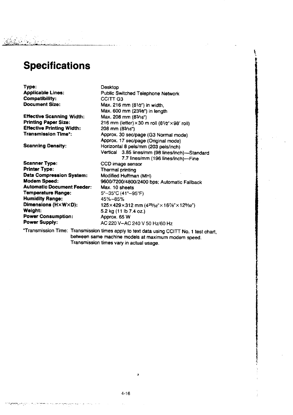 Specifications | Panasonic KX-F50BA User Manual | Page 75 / 75