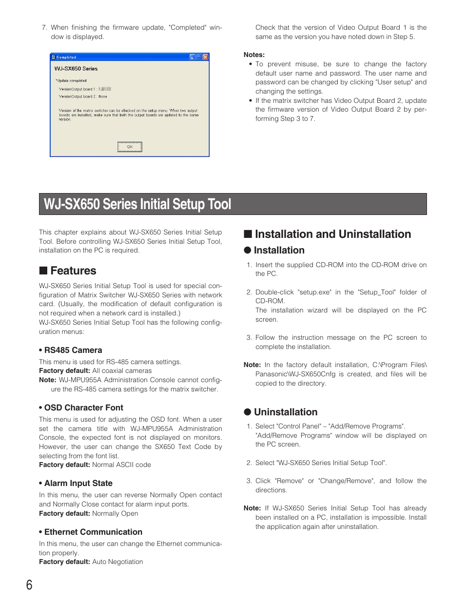 Wj-sx650 series initial setup tool, Features, Installation and uninstallation | Installation, Uninstallation | Panasonic WJ-PB65E01 User Manual | Page 6 / 8