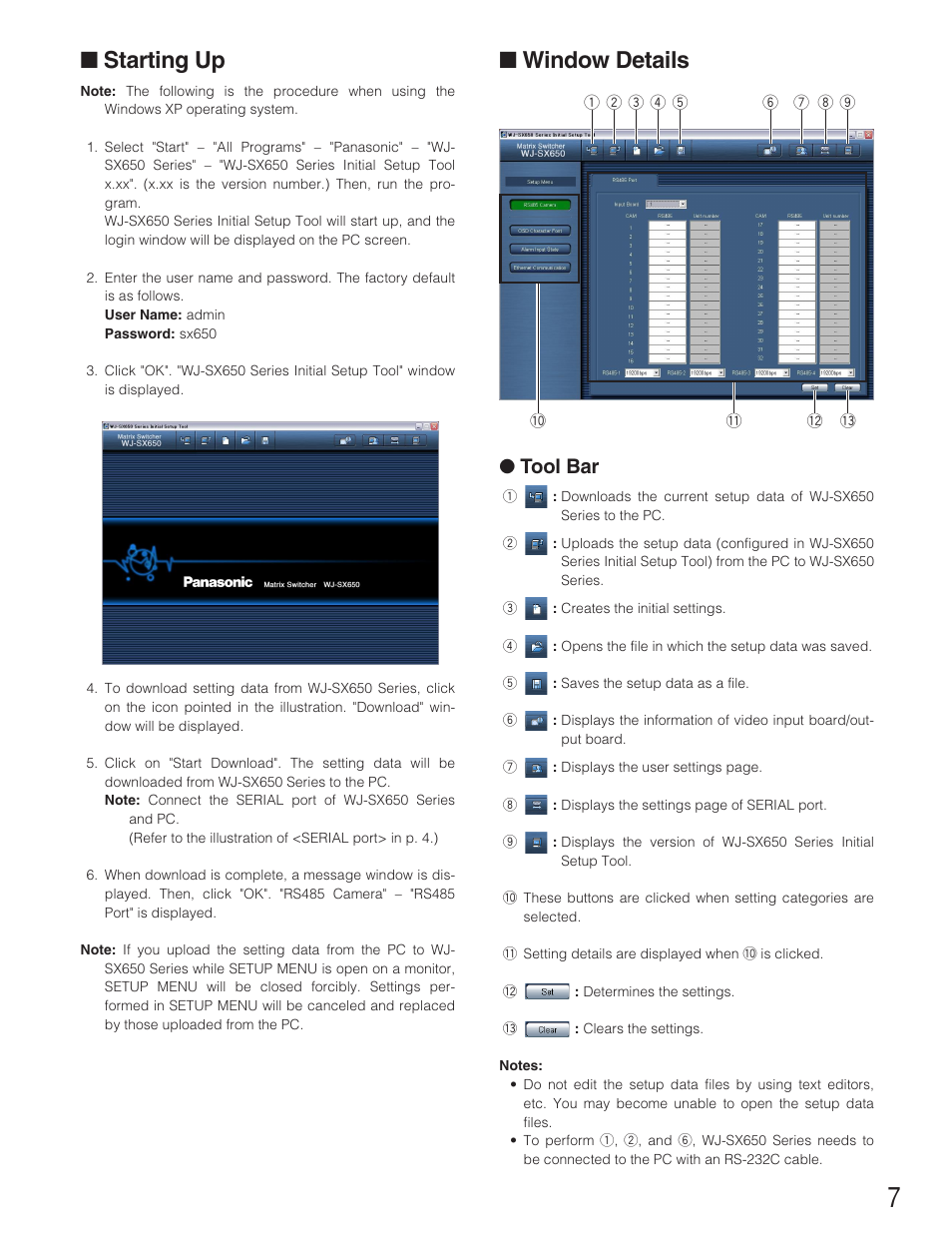 Starting up, Window details, Tool bar | Panasonic WJ-PB65E01 User Manual | Page 7 / 8