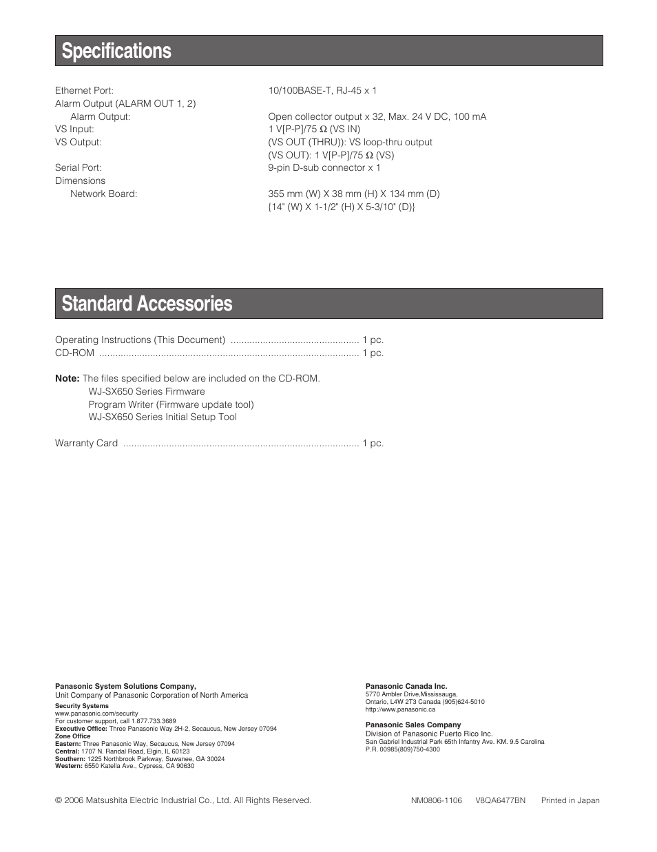Specifications standard accessories | Panasonic WJ-PB65E01 User Manual | Page 8 / 8