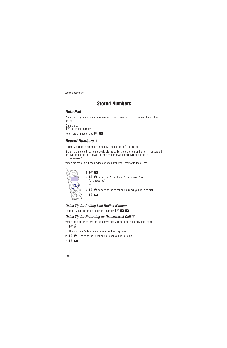 Stored numbers, Note pad, Recent numbers | Note pad recent numbers | Panasonic EB-G450 User Manual | Page 14 / 32